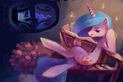 Size: 4311x2874 | Tagged: safe, artist:holivi, princess celestia, princess luna, alicorn, firefly (insect), pony, absurd resolution, bench, book, computer, crossed hooves, crossed legs, female, gamer luna, mare, night, reading, sitting, window