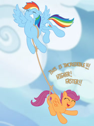 Size: 2326x3104 | Tagged: safe, artist:wispy tuft, rainbow dash, scootaloo, pegasus, pony, the last crusade, carrying, cute, cutie mark, female, flying, joyride, love, loyalty, rainbow, scootalove, the cmc's cutie marks, wholesome