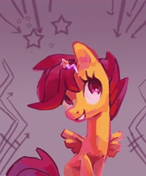 Size: 3010x3610 | Tagged: safe, artist:holivi, scootaloo, pegasus, pony, abstract background, female, filly, hairpin, happy, high res, sitting, solo