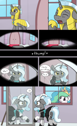 Size: 3000x4900 | Tagged: safe, artist:skitter, princess celestia, alicorn, pony, unicorn, comic:demoted, :o, armor, bow, bowtie, butt, clothes, comic, confused, crown, dress, eyes closed, female, female pov, floppy ears, frown, gotcha, grin, jewelry, lidded eyes, looking at self, maid, male, male to female, mare, mirror, offscreen character, open mouth, peeking, plot, pov, raised hoof, regalia, royal guard, rule 63, shocked, sleeping, smiling, speech bubble, squee, stallion, transformation, transgender transformation, trollestia, waking up, wavy mouth, wide eyes, worried, yawn