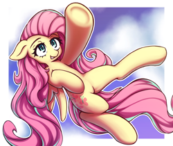 Size: 2500x2100 | Tagged: safe, artist:rockset, fluttershy, pegasus, pony, cloud, cute, cutie mark, female, high res, looking at you, mare, reaching, shyabetes, sky, smiling, solo, spread wings, underhoof, wings