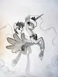 Size: 3216x4288 | Tagged: safe, artist:holivi, princess luna, scootaloo, alicorn, pegasus, pony, absurd resolution, female, filly, happy, mare, monochrome, pencil drawing, ponies riding ponies, scootalove, traditional art