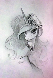 Size: 2736x4024 | Tagged: safe, artist:holivi, princess celestia, alicorn, pony, absurd resolution, bust, daisy (flower), female, floral head wreath, flower, mare, monochrome, pencil drawing, smiling, solo, traditional art