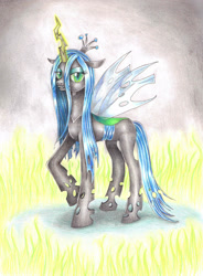 Size: 1847x2503 | Tagged: safe, artist:evomanaphy, queen chrysalis, changeling, changeling queen, fangs, female, fire, grin, looking at you, magic, raised hoof, smiling, solo, traditional art