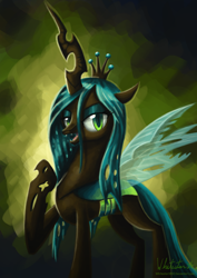 Size: 900x1274 | Tagged: safe, artist:whitestar1802, queen chrysalis, changeling, changeling queen, abstract background, fangs, female, looking at you, open mouth, raised hoof, signature, smiling, solo, standing