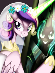 Size: 742x974 | Tagged: safe, artist:honeyl17, princess cadance, queen chrysalis, alicorn, changeling, changeling queen, pony, disguise, disguised changeling, fake cadance, female, looking at you, mare, mirror, smiling