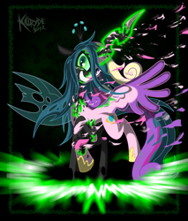 Size: 2300x2700 | Tagged: safe, artist:killryde, princess cadance, queen chrysalis, changeling, changeling queen, action pose, disguise, disguised changeling, duality, fake cadance, female, fusion, high res, looking at you, magic, smiling, transformation