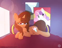 Size: 2302x1790 | Tagged: safe, artist:chaosllama, sweetie belle, oc, oc:buttercup shake, pony, unicorn, bed, bedroom, bedroom eyes, cutie mark, female, looking at you, mare, pillow, poster, smiling, solo, window