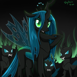 Size: 800x800 | Tagged: safe, artist:skykain, queen chrysalis, changeling, changeling queen, evil grin, female, grin, looking at you, raised hoof, smiling