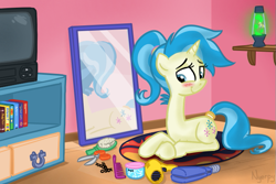 Size: 657x439 | Tagged: safe, artist:nyerpy, allie way, derpy hooves, pegasus, pony, unicorn, ask, ask allie way, blushing, book, brush, comb, female, hair dryer, hidden derpy, lava lamp, mare, mirror, prone, reflection, scissors, solo focus, tail wrap, television, tumblr