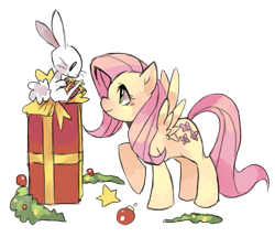 Size: 1505x1355 | Tagged: safe, artist:suikuzu, angel bunny, fluttershy, pegasus, pony, christmas, female, mare, present, simple background, transparent background