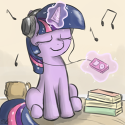 Size: 900x900 | Tagged: safe, artist:speccysy, twilight sparkle, unicorn twilight, pony, unicorn, book, eyes closed, female, glowing horn, headphones, magic, mare, music, music notes, sitting, solo, telekinesis