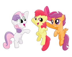 Size: 1253x993 | Tagged: safe, artist:catwhitney, apple bloom, scootaloo, sweetie belle, earth pony, pegasus, pony, unicorn, cutie mark crusaders, female, filly, happy, jumping, simple background, transparent background