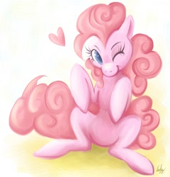 Size: 864x900 | Tagged: safe, artist:akita48, pinkie pie, earth pony, pony, cute, diapinkes, female, heart, mare, sitting, solo, wink