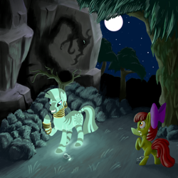 Size: 900x900 | Tagged: safe, artist:fantdragon, apple bloom, zecora, earth pony, pony, zebra, duo, everfree forest, female, filly, glow in the dark, mare, night, rearing, scared, shadow, vial