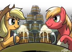 Size: 1000x716 | Tagged: safe, artist:johnjoseco, applejack, big macintosh, earth pony, pony, cider, drinking contest, eye contact, female, looking at each other, male, mare, stallion