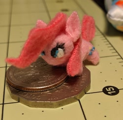 Size: 1725x1685 | Tagged: safe, artist:tinyequine, pinkie pie, earth pony, pony, coin, cute, cuteamena, irl, photo, pinkamena diane pie, plushie, ruler, sarubobo, size comparison, solo, tiny, tiny ponies