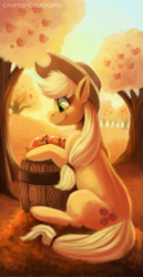 Size: 413x800 | Tagged: safe, artist:cryptid-creations, applejack, earth pony, pony, apple, barrel, female, happy, mare, sitting, solo, tree