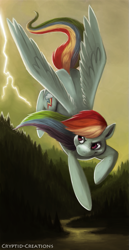 Size: 413x800 | Tagged: safe, artist:cryptid-creations, rainbow dash, pegasus, pony, female, flying, forest, lightning, mare, river, solo