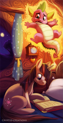 Size: 413x800 | Tagged: dead source, safe, artist:cryptid-creations, spike, twilight sparkle, dragon, pony, unicorn, bed, book, clock, female, magic, male, mare, night, reading, telekinesis