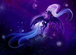 Size: 1650x1200 | Tagged: safe, artist:ladyamaltea, princess luna, alicorn, pony, female, flying, mare, night, rear view, solo, spread wings, stars, wings