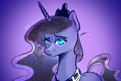 Size: 1280x854 | Tagged: safe, artist:naafreelanceartist, princess luna, alicorn, pony, blushing, female, gradient background, heart, lidded eyes, looking at you, mare, peytral, purple background, signature, smiling, solo