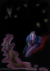 Size: 900x1272 | Tagged: safe, artist:aeritus, discord, twilight sparkle, pony, unicorn, crying, female, letter, mare, nightmare, quill, traditional art