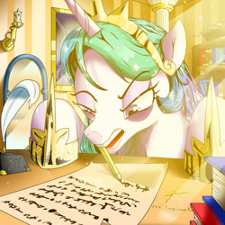 Size: 1000x1000 | Tagged: safe, artist:naafreelanceartist, princess celestia, alicorn, pony, bags under eyes, crepuscular rays, female, hoof shoes, lidded eyes, mare, mouth hold, paper, pencil, quill, signature, solo, study, sunlight, tired, writing