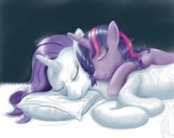 Size: 767x607 | Tagged: safe, artist:steamroller988, rarity, twilight sparkle, pony, unicorn, cute, female, lesbian, mare, pillow, rarilight, shipping, sleeping