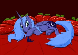 Size: 1023x723 | Tagged: safe, artist:steamroller988, princess luna, alicorn, pony, bed, female, food, mare, prone, s1 luna, solo, strawberry, underhoof