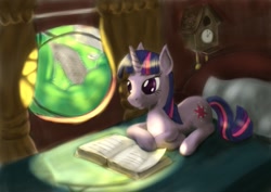 Size: 1023x723 | Tagged: safe, artist:steamroller988, twilight sparkle, pony, unicorn, bed, book, clock, cuckoo clock, female, mare, prone, solo, window