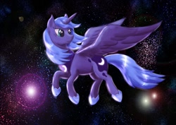 Size: 1023x723 | Tagged: safe, artist:steamroller988, princess luna, alicorn, pony, female, flying, looking back, mare, s1 luna, solo, space, stars