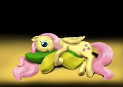 Size: 1023x723 | Tagged: safe, artist:steamroller988, fluttershy, pegasus, pony, female, gradient background, mare, on side, one eye closed, pillow, solo