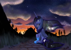 Size: 1023x723 | Tagged: safe, artist:steamroller988, princess luna, alicorn, pony, cloud, female, mare, shooting star, sitting, solo, stars