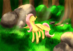 Size: 1023x723 | Tagged: safe, artist:steamroller988, fluttershy, butterfly, pegasus, pony, crepuscular rays, eyes closed, female, happy, mare, solo, tree