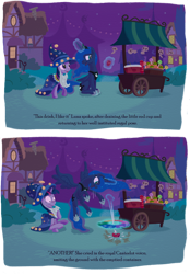 Size: 1396x2010 | Tagged: safe, artist:wizardwannabe, princess luna, twilight sparkle, alicorn, pony, unicorn, building, candy, cart, clothes, comic, costume, cup, cupcake, dialogue, drink, female, flying, frown, house, lollipop, magic, mare, night, nightmare night, open mouth, parody, punch, punch bowl, raised hoof, scared, sitting, skull, sky, slice of life, smiling, sonic xboom, spread wings, stall, stars, thor, traditional royal canterlot voice, yelling