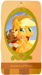 Size: 625x1105 | Tagged: safe, artist:wizardwannabe, applejack, winona, earth pony, pony, face licking, female, frame, happy, licking, mare, tongue out