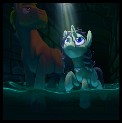 Size: 906x915 | Tagged: safe, artist:wizardwannabe, rarity, oc, earth pony, pony, unicorn, fanfic:the flight of the alicorn, aqueduct, beard, dark, fanfic, fanfic art, female, injured, male, mare, stallion, water, wet mane