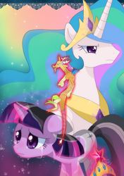 Size: 720x1024 | Tagged: safe, artist:loyaldis, discord, princess celestia, twilight sparkle, unicorn twilight, alicorn, pony, unicorn, angry, big crown thingy, bust, crying, element of harmony, element of magic, female, mare, sad