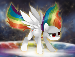 Size: 1559x1200 | Tagged: dead source, safe, artist:loyaldis, rainbow dash, pegasus, pony, element of loyalty, female, frown, mare, smiling, solo, space, spread wings, standing, super rainbow dash, wings