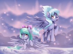 Size: 802x594 | Tagged: safe, artist:loyaldis, cloudchaser, flitter, pegasus, pony, bow, duo, duo female, female, hair bow, happy, looking at you, mare, raised hoof, sisters, sitting, smiling, spread wings, standing, wings