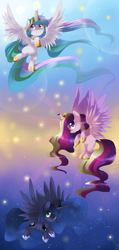 Size: 1372x2880 | Tagged: safe, artist:loyaldis, princess cadance, princess celestia, princess luna, alicorn, pony, female, filly, flying, happy, mare, princess, smiling, spread wings, wings, younger