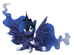 Size: 800x600 | Tagged: dead source, safe, artist:loyaldis, princess luna, alicorn, pony, blushing, chibi, cute, female, heart eyes, mare, raised hoof, simple background, sitting, smiling, solo, spread wings, transparent background, wingding eyes, wings