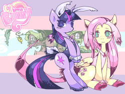 Size: 1024x768 | Tagged: safe, artist:moyamoya kuroi, fluttershy, twilight sparkle, pegasus, pony, unicorn, bipedal, blushing, bunny suit, bunnyshy, clothes, cufflinks, cuffs (clothes), duo, female, leotard, looking at you, mare, pixiv, sitting, standing