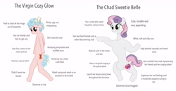 Size: 7500x3855 | Tagged: safe, artist:darkyboode32, cozy glow, sweetie belle, pegasus, pony, unicorn, abuse, bipedal, chad, cozybuse, duo, female, filly, meme, muscles, sad, strong, text, virgin, virgin vs chad, virgin walk