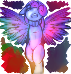 Size: 1280x1336 | Tagged: safe, artist:florecentmoo, sweetie belle, pony, bipedal, collar, female, filly, floppy ears, frown, looking at you, open mouth, sadistic sweetie belle, sadisweetie, scar, simple background, solo, white background, wings