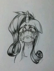 Size: 655x859 | Tagged: safe, artist:discommunicator, rarity, pony, unicorn, bust, crying, female, floppy ears, frown, grayscale, gritted teeth, looking at you, mare, monochrome, pencil drawing, portrait, sad, solo, traditional art