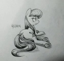 Size: 837x796 | Tagged: safe, artist:discommunicator, octavia melody, earth pony, pony, female, frown, grayscale, mare, monochrome, pencil drawing, plot, prone, rear view, solo, traditional art, underhoof