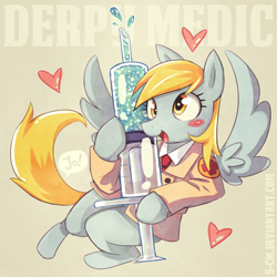 Size: 1000x1000 | Tagged: safe, artist:5-cm, artist:jopiter, derpy hooves, pegasus, pony, blushing, crossover, cute, derpabetes, female, giant syringe, happy, heart, hoof hold, looking at you, mare, medic, necktie, smiling, solo, speech bubble, spread wings, syringe, team fortress 2, wings