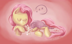 Size: 3501x2139 | Tagged: safe, artist:iamthecowboysmuggler, angel bunny, fluttershy, pegasus, pony, rabbit, blanket, crossed arms, duo, eyes closed, female, high res, male, mare, pet, signature, sleeping, smiling, zzz